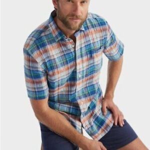 Johnnie-O Hangin Out Troy Tide Linen Blend Plaid Button Up Shirt Mens Small